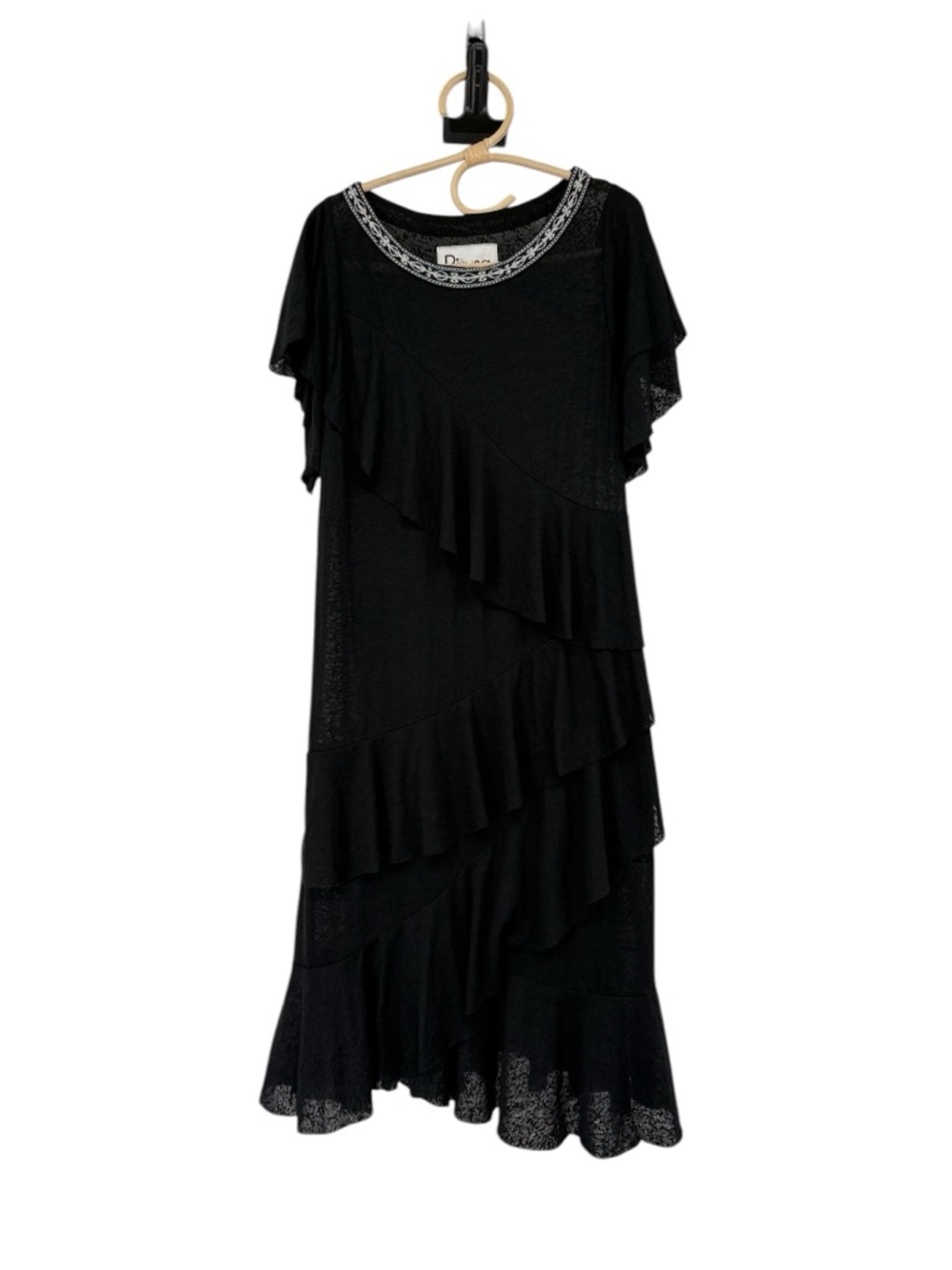 Pitusa Black Ruffle Dress Embroidered Neck Boho Tiered Sheer Peru Size S/M - Picture 2 of 16